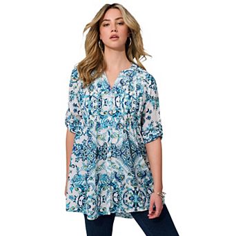 Roaman's Women's Plus Size Pintuck Tunic Blouse Y-Neck & Roll-Tab Sleeves