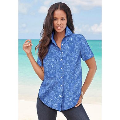 Roaman's Women's Plus Size Kate Short Sleeve Easy Cotton-Blend Button-Front Shirt