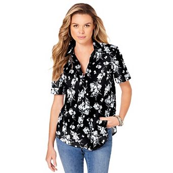 Roaman's Women's Plus Size Plus Size Kate Short Sleeve Easy Cotton-Blend Button-Front Shirt