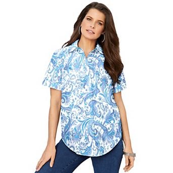 Roaman's Women's Plus Size Plus Size Kate Short Sleeve Easy Cotton-Blend Button-Front Shirt