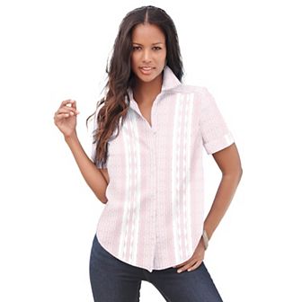 Roaman's Women's Plus Size Plus Size Kate Short Sleeve Easy Cotton-Blend Button-Front Shirt