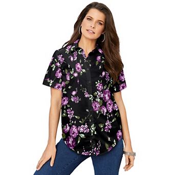 Roaman's Women's Plus Size Plus Size Kate Short Sleeve Easy Cotton-Blend Button-Front Shirt