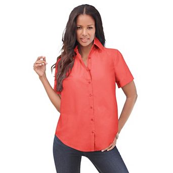 Roaman's Women's Plus Size Kate Short Sleeve Easy Cotton-Blend Button-Front Shirt