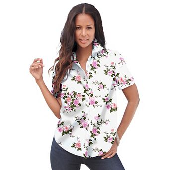 Roaman's Women's Plus Size Plus Size Kate Short Sleeve Easy Cotton-Blend Button-Front Shirt