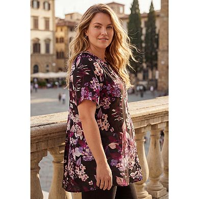 Roaman's Women's Plus Size Angelina Crinkle Crepe Y-Neck Short Sleeve Tunic