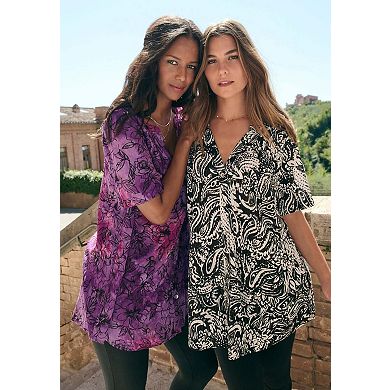 Roaman's Women's Plus Size Angelina Crinkle Crepe Y-Neck Short Sleeve Tunic