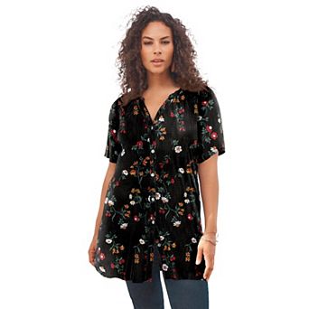 Roaman's Women's Plus Size Angelina Crinkle Crepe Y-Neck Short Sleeve Tunic