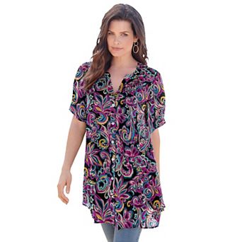 Roaman's Women's Plus Size Angelina Tunic Top Short Sleeve, Flowy Fit, Everyday Comfort
