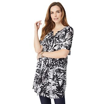 Roaman's Women's Plus Size Angelina Crinkle Crepe Y-Neck Short Sleeve Tunic