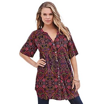 Roaman's Women's Plus Size Plus Size Angelina Tunic Top Short Sleeve, Flowy Fit, Everyday Comfort
