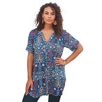 Roaman's Women's Plus Size Plus Size Angelina Tunic Top Short Sleeve, Flowy Fit, Everyday Comfort