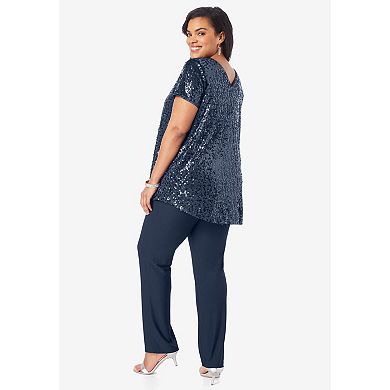 Roaman's Women's Plus Size Plus-Size 2 Piece S/S Sequin Top And Pant Set