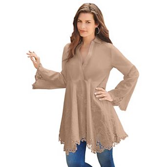 Roaman's Women's Plus Size Poplin Embroidered Swing Tunic