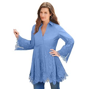 Roaman's Women's Plus Size Poplin Embroidered Swing Tunic