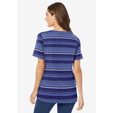 Woman Within Women's Plus Size Perfect Printed Short-sleeve V-neck Tee