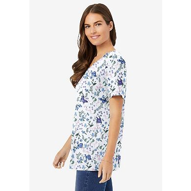 Woman Within Plus Size Perfect Printed Short-Sleeve V-Neck Tee