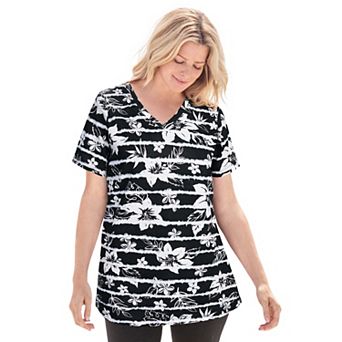 Woman Within Plus Size Perfect Printed Short-Sleeve V-Neck Tee