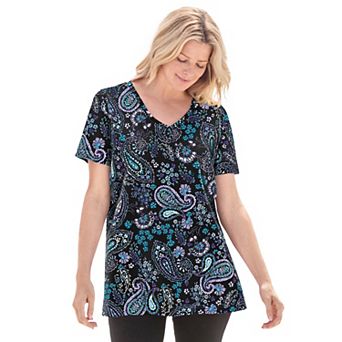 Woman Within Plus Size Perfect Printed Short-Sleeve V-Neck Tee