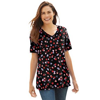 Woman Within Plus Size Perfect Printed Short-Sleeve V-Neck Tee