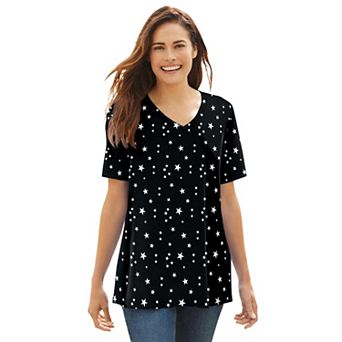 Woman Within Plus Size Perfect Printed Short-Sleeve V-Neck Tee