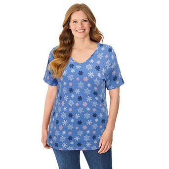 Woman Within Plus Size Perfect Printed Short-Sleeve V-Neck Tee