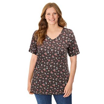 Woman Within Plus Size Perfect Printed Short-Sleeve V-Neck Tee