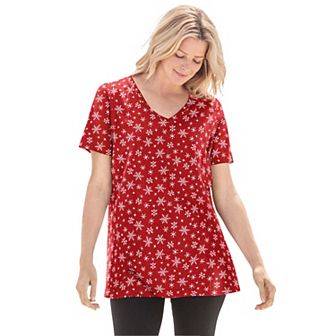 Woman Within Plus Size Perfect Printed Short-Sleeve V-Neck Tee
