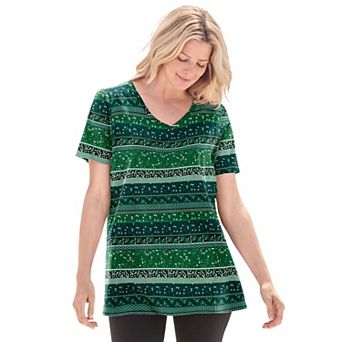 Woman Within Plus Size Perfect Printed Short-Sleeve V-Neck Tee