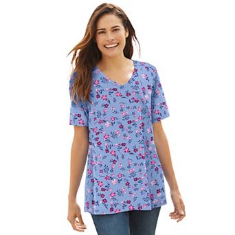 Woman Within Plus Size Perfect Printed Short-Sleeve V-Neck Tee