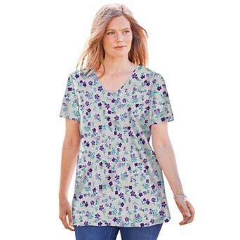 Woman Within Plus Size Perfect Printed Short-Sleeve V-Neck Tee