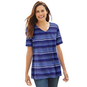 Woman Within Plus Size Perfect Printed Short-Sleeve V-Neck Tee