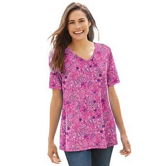 Woman Within Plus Size Perfect Printed Short-Sleeve V-Neck Tee