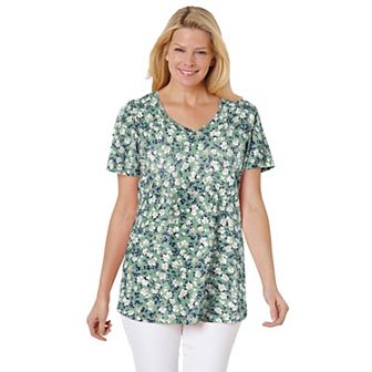 Woman Within Plus Size Perfect Printed Short-Sleeve V-Neck Tee
