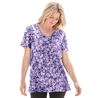 Woman Within Plus Size Perfect Printed Short-Sleeve V-Neck Tee
