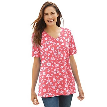 Woman Within Plus Size Perfect Printed Short-Sleeve V-Neck Tee