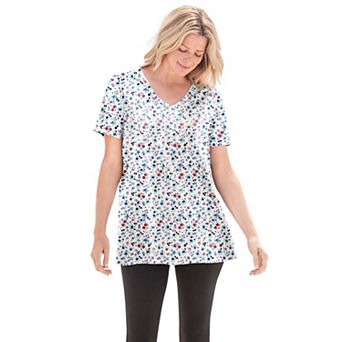 Woman Within Plus Size Perfect Printed Short-Sleeve V-Neck Tee