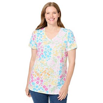 Woman Within Plus Size Perfect Printed Short-Sleeve V-Neck Tee