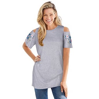 Woman Within Plus Size Short-Sleeve Cold-Shoulder Tee
