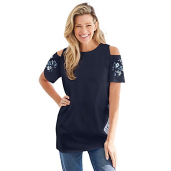 Woman Within Plus Size Short-Sleeve Cold-Shoulder Tee