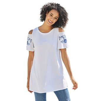 Woman Within Plus Size Short-Sleeve Cold-Shoulder Tee