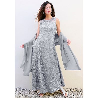 Roaman's Women's Plus Size Plus-Size Allover Lace Embellished Shawl Gown
