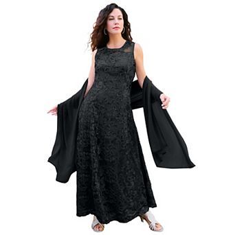 Roaman's Women's Plus Size Plus-Size Allover Lace Embellished Shawl Gown