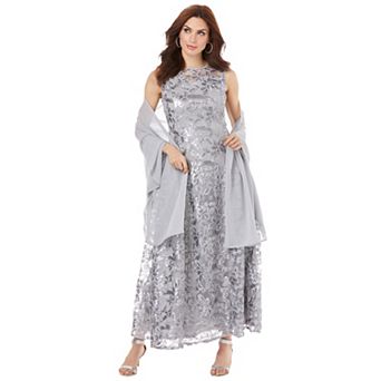 Roaman's Women's Plus Size Plus-Size Allover Lace Embellished Shawl Gown