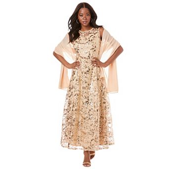 Roaman's Women's Plus Size Plus-Size Allover Lace Embellished Shawl Gown