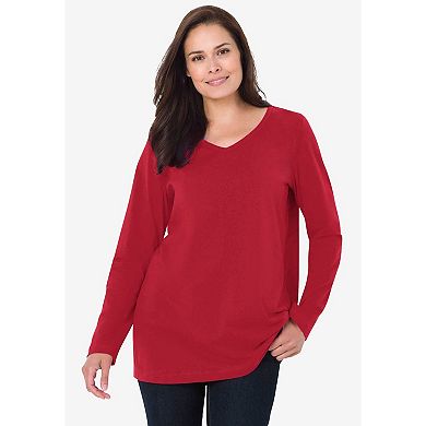 Woman Within Plus Size Perfect Printed Long-Sleeve V-Neck Tee