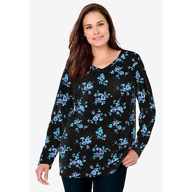 Woman Within Plus Size Perfect Printed Long-Sleeve V-Neck Tee
