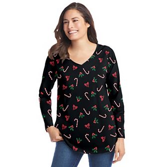 Woman Within Plus Size Perfect Printed Long-Sleeve V-Neck Tee