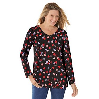 Woman Within Plus Size Perfect Printed Long-Sleeve V-Neck Tee