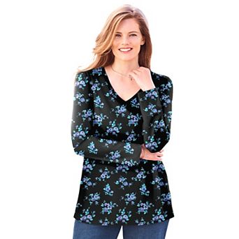 Woman Within Plus Size Perfect Printed Long-Sleeve V-Neck Tee