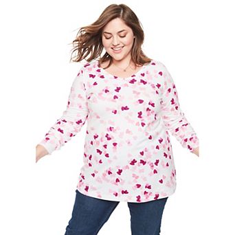 Woman Within Plus Size Perfect Printed Long-Sleeve V-Neck Tee